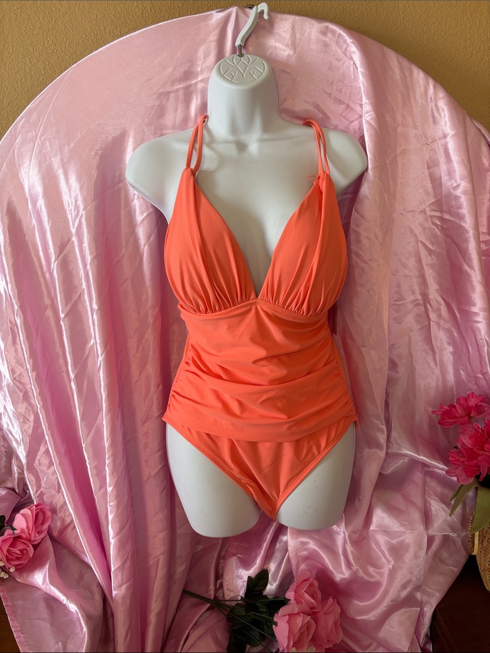 Bright Coral Ruched One-Piece Swimsuit